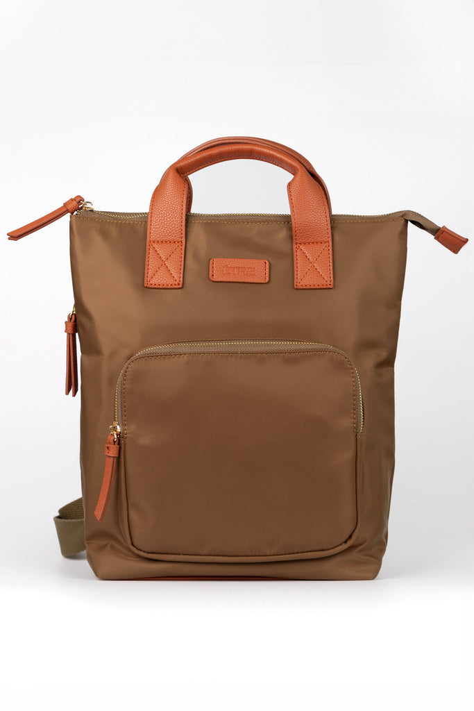 khaki green back pack with tan brown top carry handles and multiple zip closing compartments