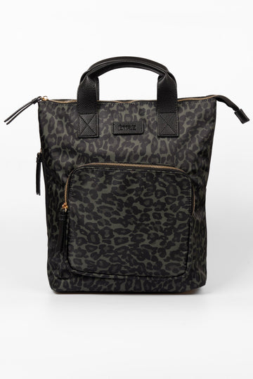 sutton-top-handle-backpack-khaki-leopard-print-nylon-pu-front-view