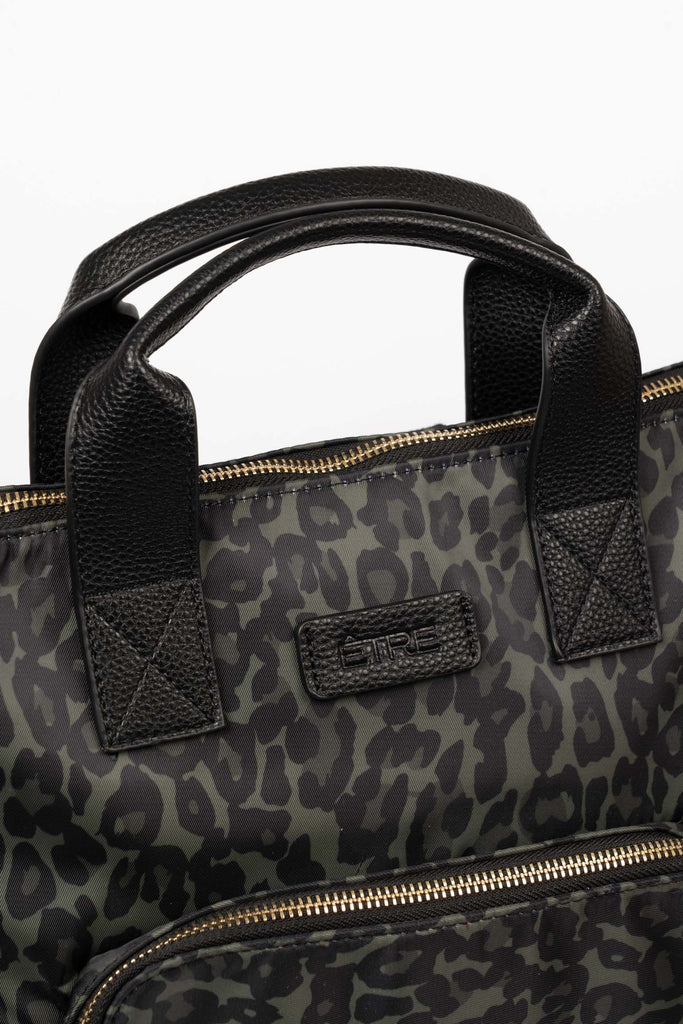 sutton-top-handle-backpack-khaki-leopard-print-nylon-pu-close-up-top-handles
