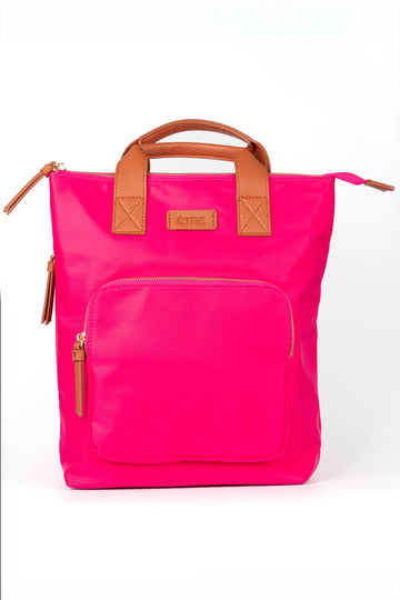 vibrant pink back pack with tan brown top carry handles and multiple zip closing compartments