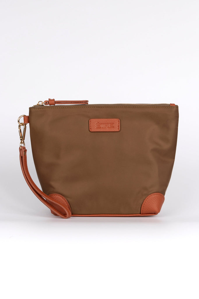 khaki vanity bag with tan pleater accents and detachable wrist strap