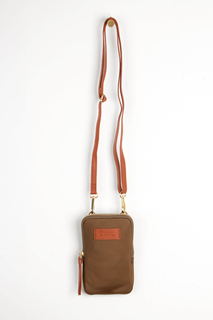 khaki green crossbody phone bag with tan accents and a tan removable adjustable crossbody strap