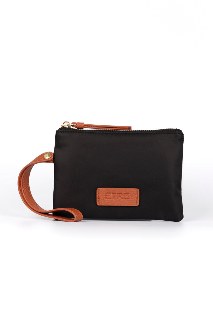 black wristlet wallet with faux leather tan wrist strap and zip closure