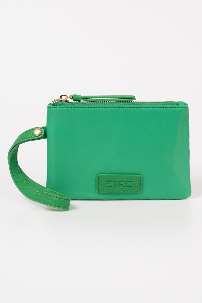 iris-wristlet-purse-green-nylon-pu-front-view-etre-logo