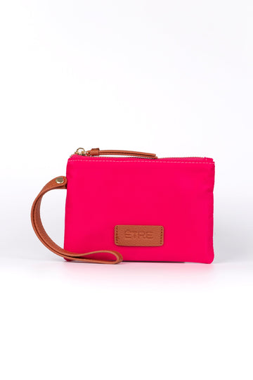 hot pink wristlet wallet with faux leather tan wrist strap and zip closure