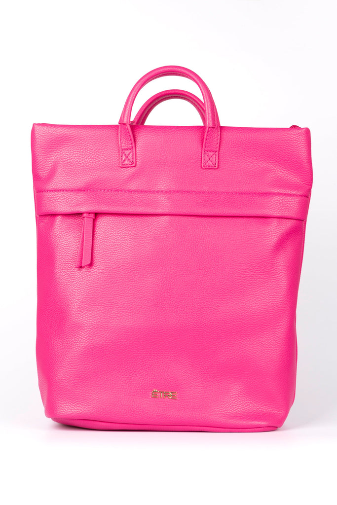 fuchsia pink back pack with top handles and a zip closure, the bag is made from faux leather PU