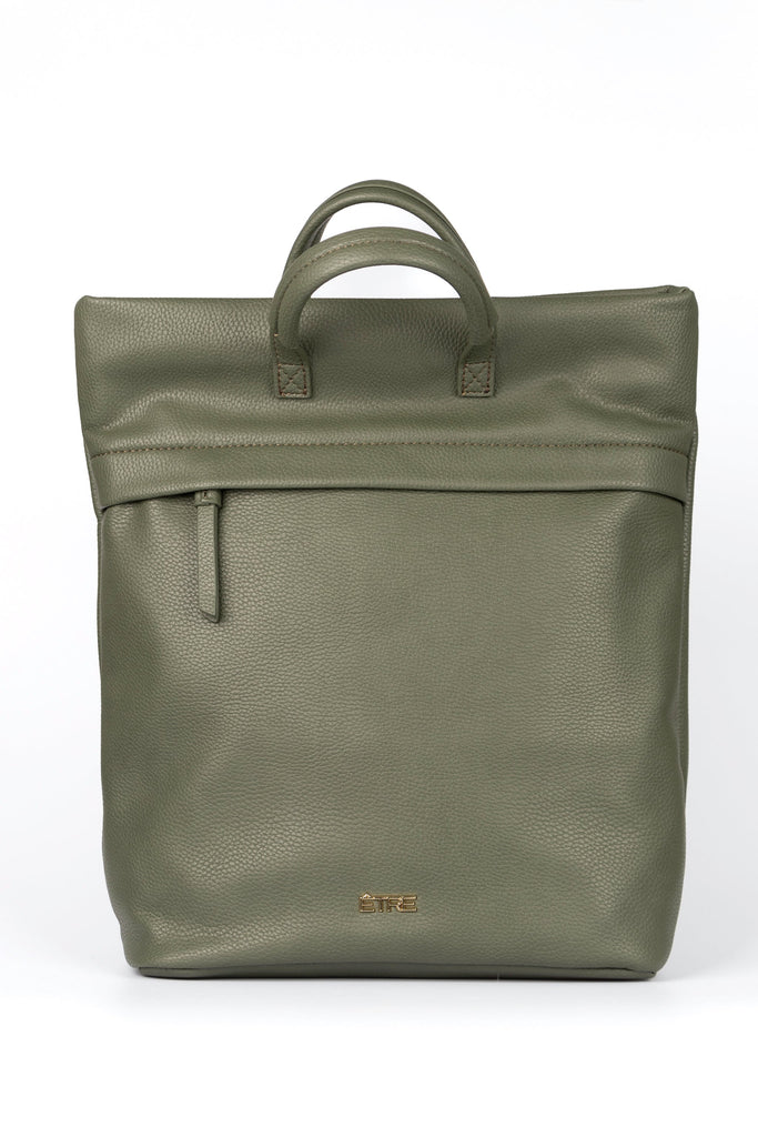 plain khaki green back pack with top handles and a zip closure, the bag is made from faux leather PU