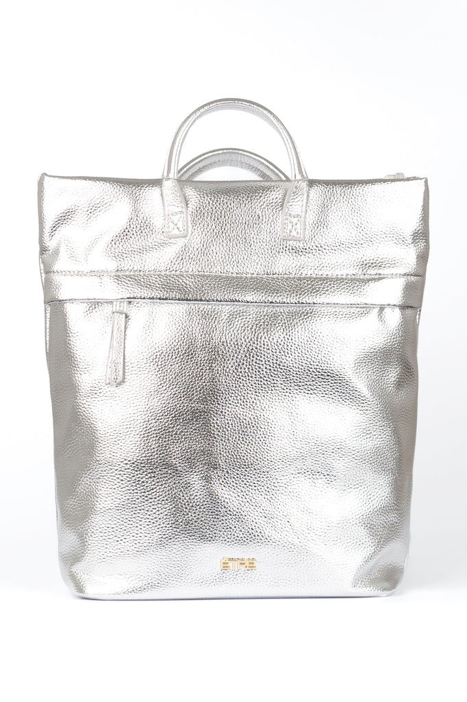 silver metallic back pack with top handles and a zip closure, the bag is made from faux leather PU