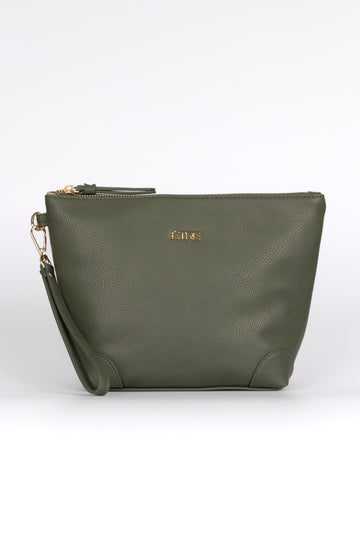 khaki green faux leather vanity bag with a detachable wrist strap and top zip closure