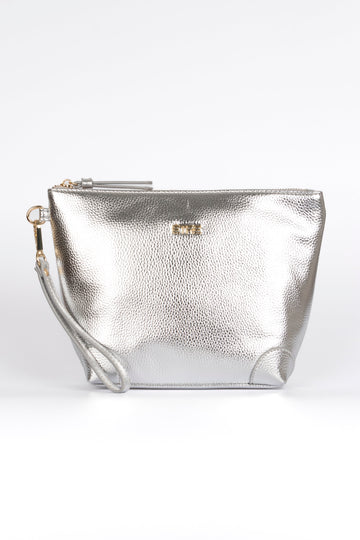 silver faux leather vanity bag with a detachable wrist strap and top zip closure