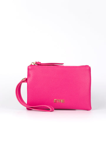 fuchsia pink faux leather purse with a wristlet strap and zip closure