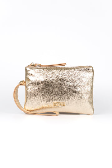 metallic gold faux leather purse with a wristlet strap and zip closure