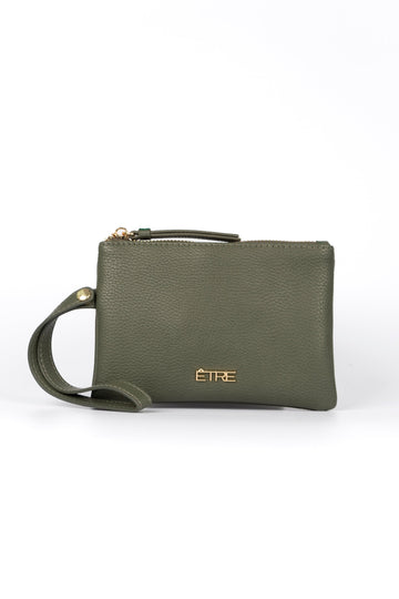 khaki green faux leather purse with a wristlet strap and zip closure