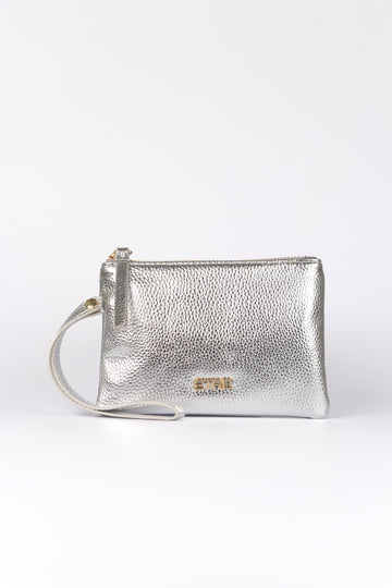 metallic silver faux leather purse with a wristlet strap and zip closure