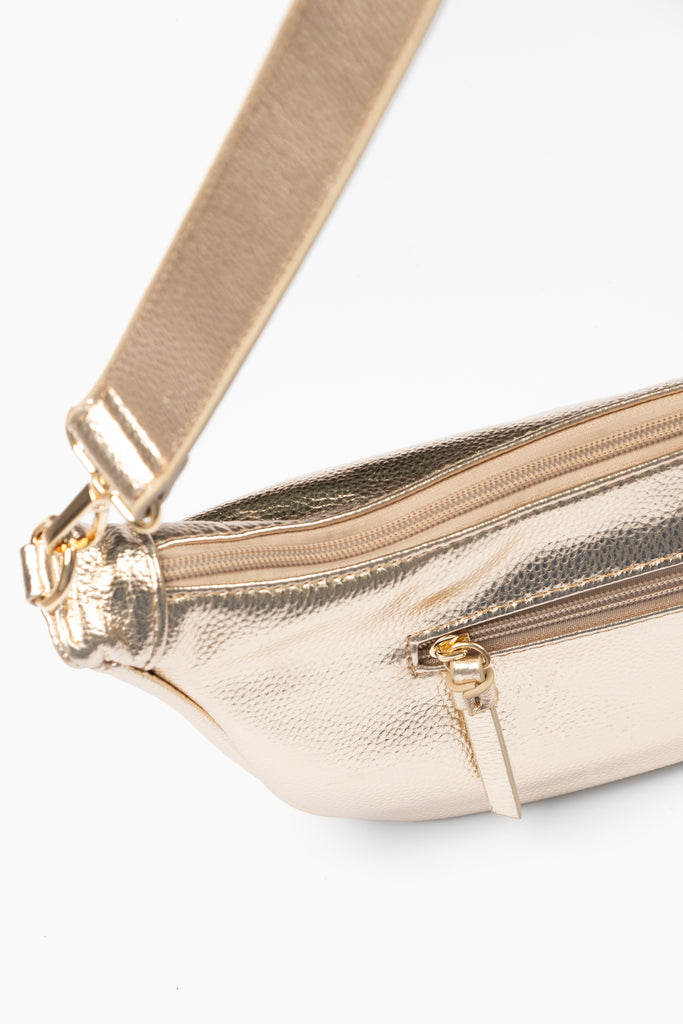 gold-faux-leather-half-moon-bag-earbuds-case-2-piece-set-metallic