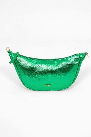 stevie-half-moon-crossbody-bag-green-metallic-faux-leather-front-view-gold-etre-logo