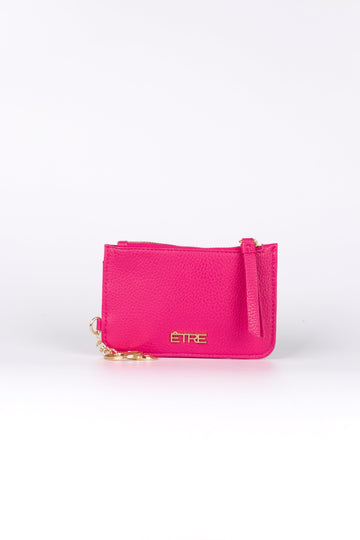  fuchsia pink faux leather clip on card holder wallet with gold hardware