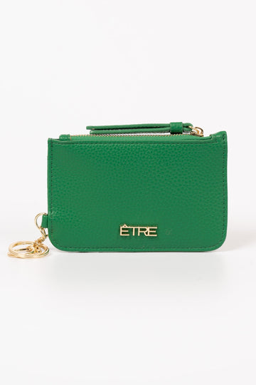 mia-card-holder-green-pebbled-faux-leather-front-view-gold-etre-logo-two-clip-on-hoops