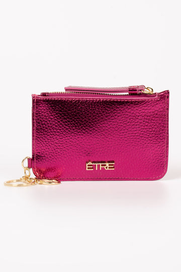 mia-card-holder-hot-pink-pebbled-faux-leather-front-view-gold-etre-logo-clip-on-hoops