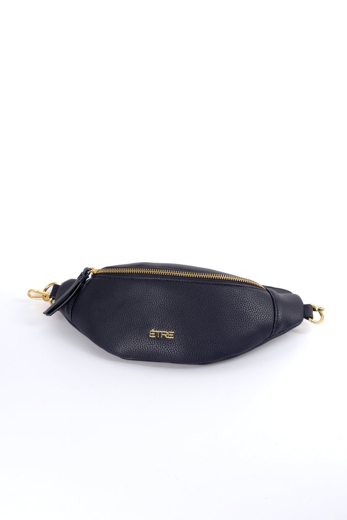 navy blue pebbled faux leather bum bag with gold zip closure and gold hardware