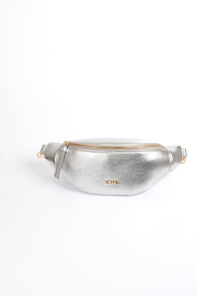 silver metallic faux leather bum bag with gold zip closure and gold hardware