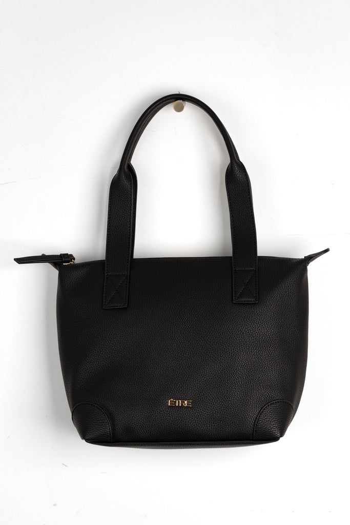 plain black faux leather medium sized tote bag with gold hardware