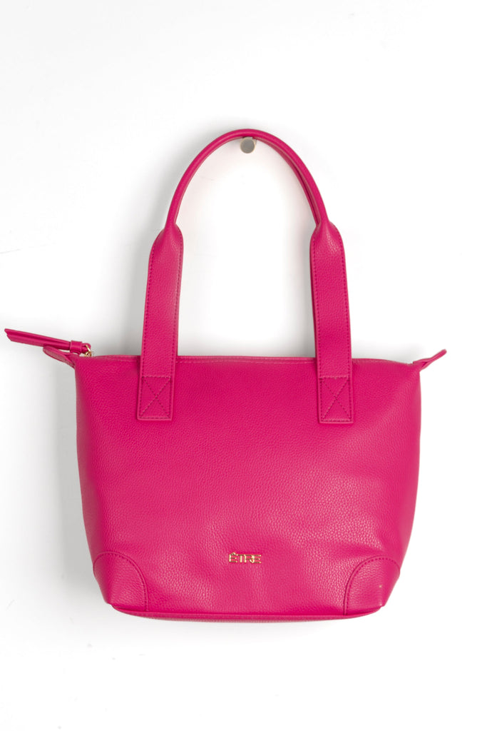 plain fuchsia pink faux leather medium sized tote bag with gold hardware