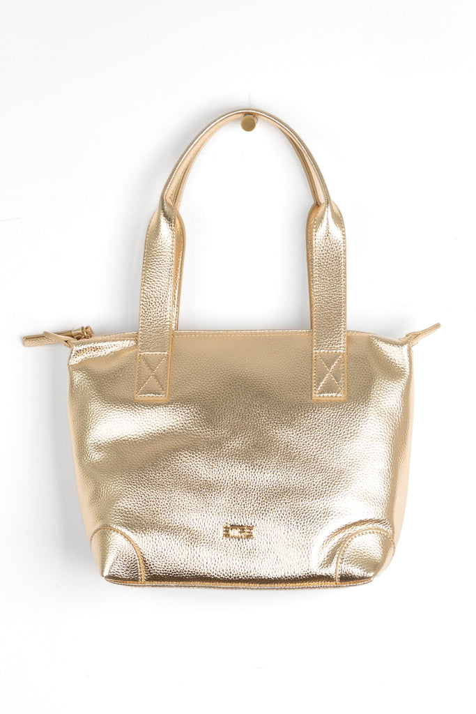 plain gold faux leather medium sized tote bag with gold hardware