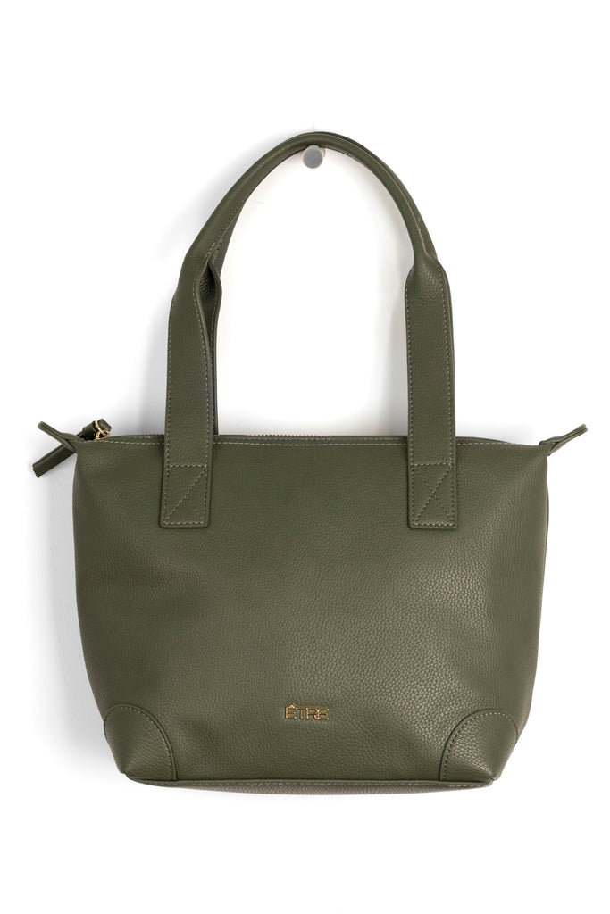 plain khaki green faux leather medium sized tote bag with gold hardware