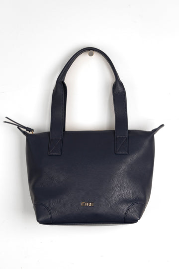 plain navy blue faux leather medium sized tote bag with gold hardware