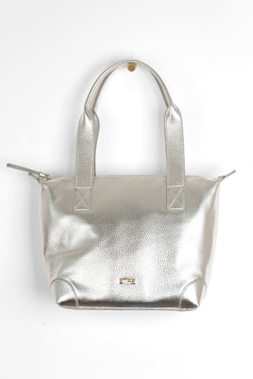 plain silver faux leather medium sized tote bag with gold hardware