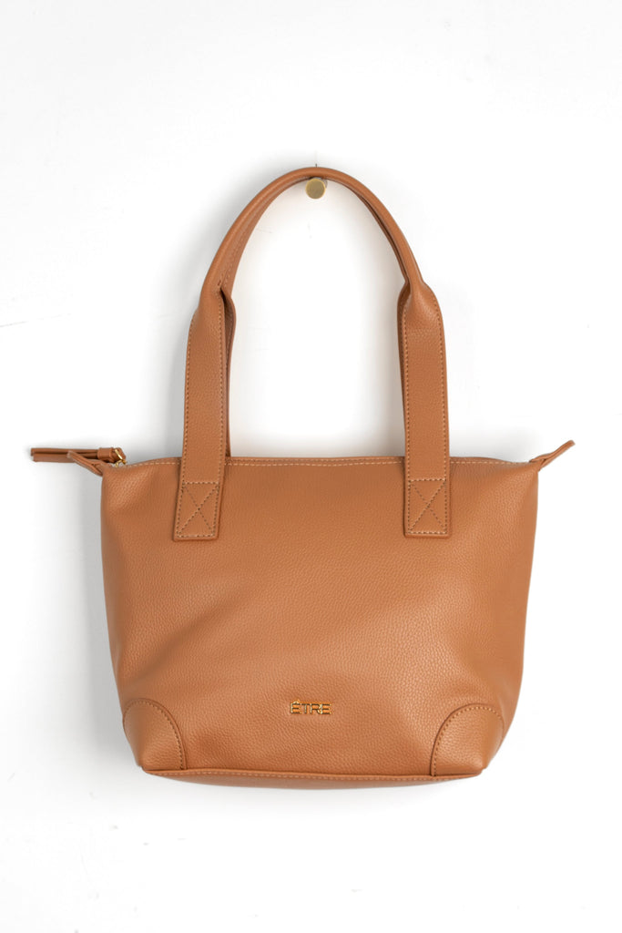 plain tan brown faux leather medium sized tote bag with gold hardware