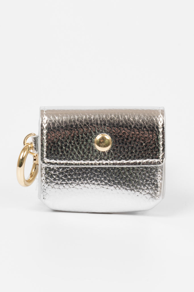 silver-faux-leather-half-moon-bag-earbuds-case-2-piece-set-clip-on