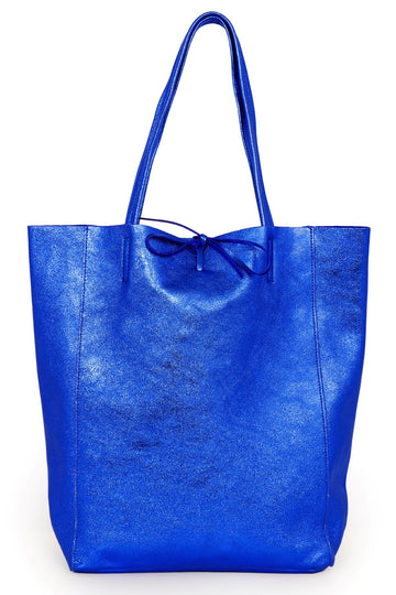 metallic blue leather tote bag