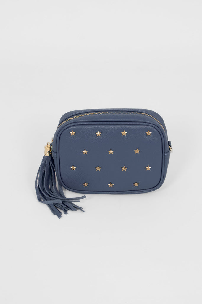 navy blue crossbody camera bag with gold metallic star shaped studs all over