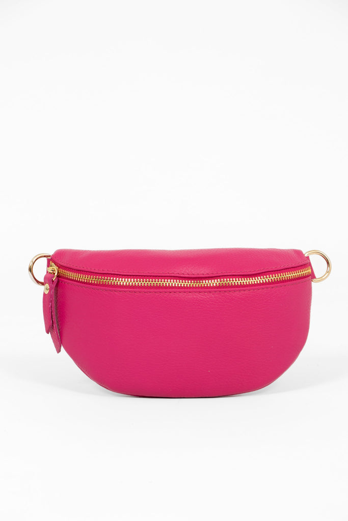 fuchsia pink leather hald moon bag with detachable strap