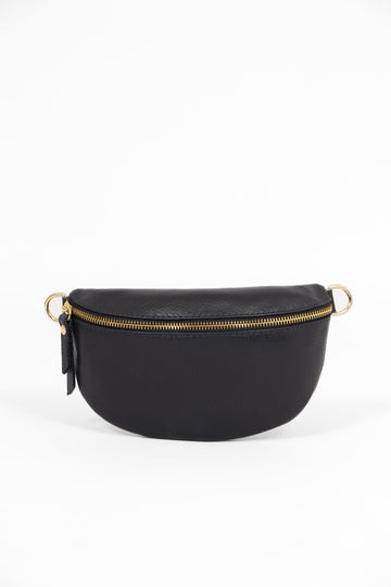 navy blue leather half moon bag with zip closure