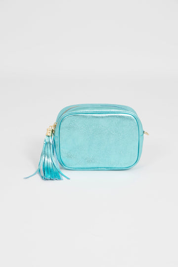 a shimmery light blue crossbody bag, metallic effect