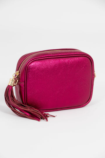 metallic berry pink leather crossbody bag with matching detachable strap