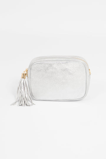 shimmery silver leather crossbody camera bag with matching detachable bag strap