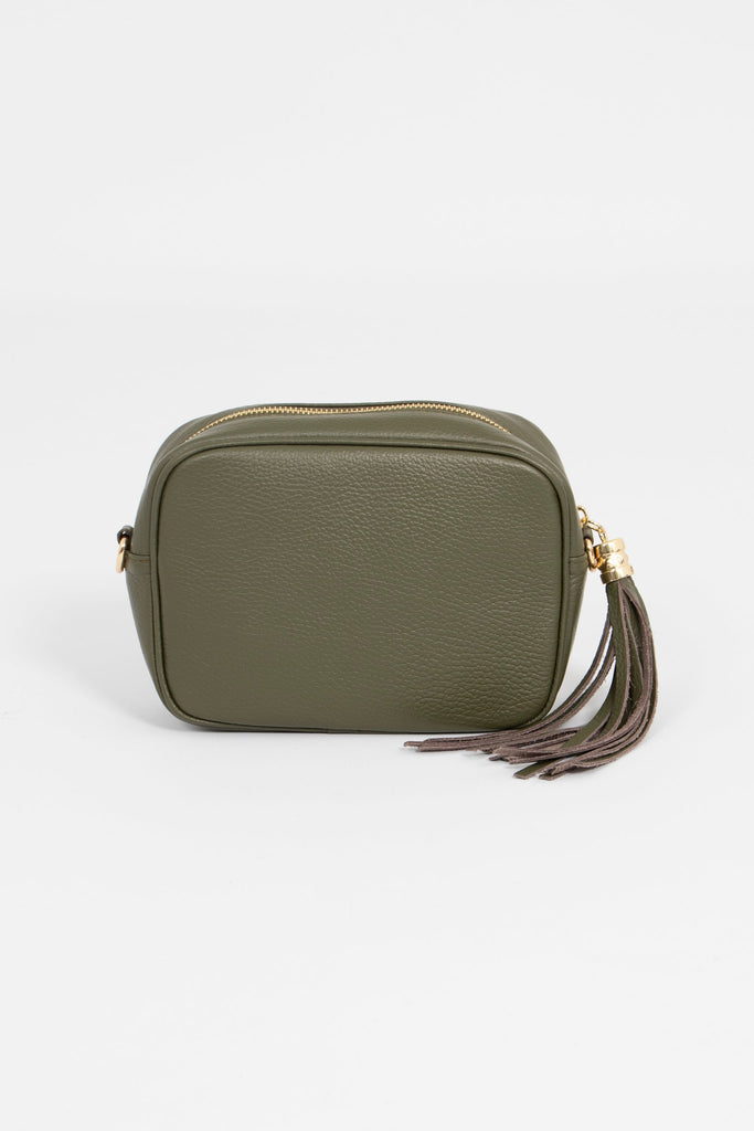 khaki green leather crossbody bag with matching detachable bag strap