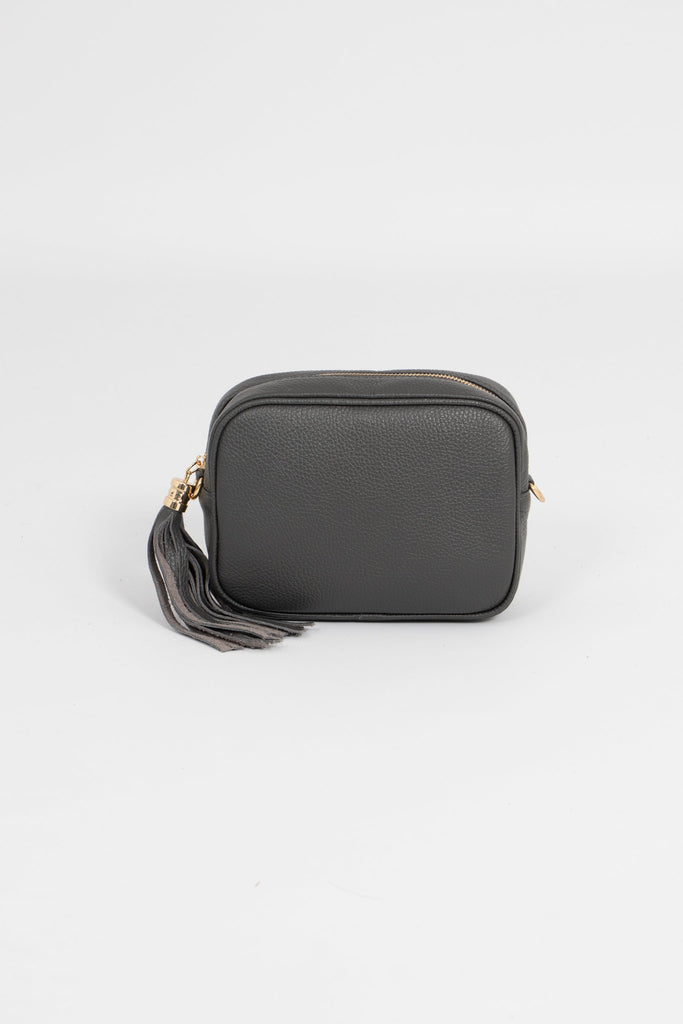 dark grey leather crossbody bag with matching detachable bag strap