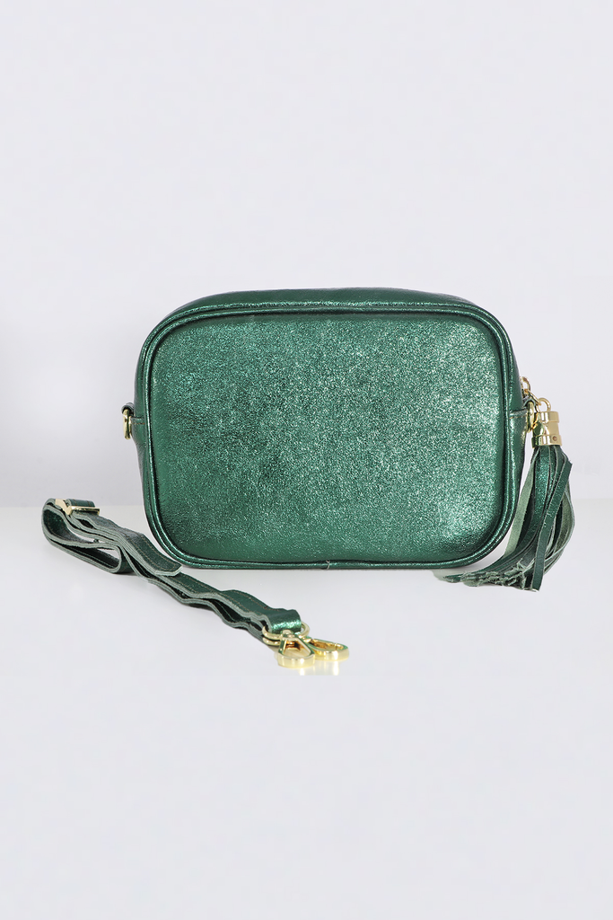 metallic green crossbody camera bag with detachable bag strap