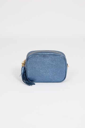 metallic denim blue leather crossbody camera bag with matching detachable bag strap