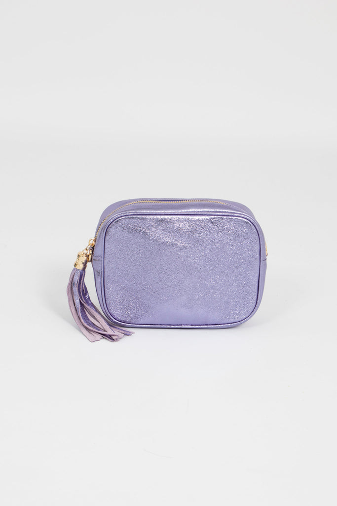 shimmery purple leather crossbody bag with matching bag strap