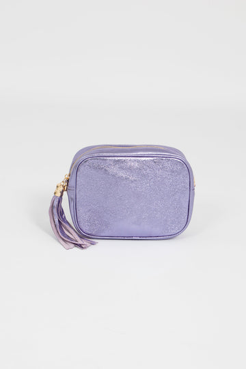 shimmery purple leather crossbody bag with matching bag strap