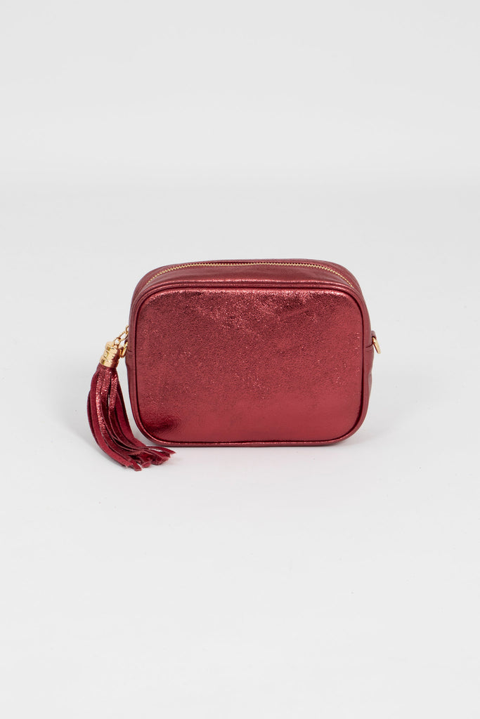 shimmery metallic red leather crossbody camera bag with matching detachable bag strap