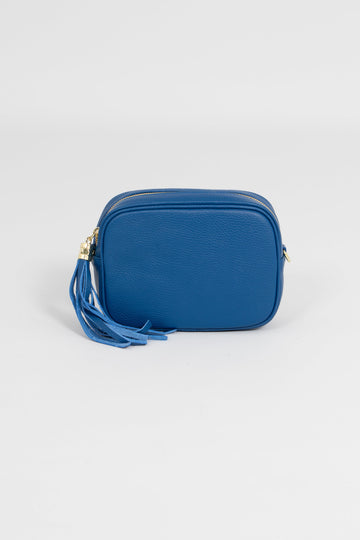 royal blue leather camera bag with matching detachable bag strap