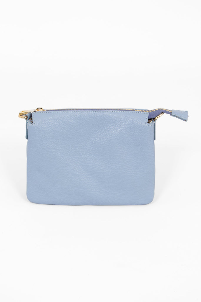 azure blue pebbled leather crossbody bag with zip closure 