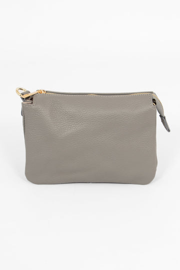 light grey pebbled leather crossbody bag with zip closure